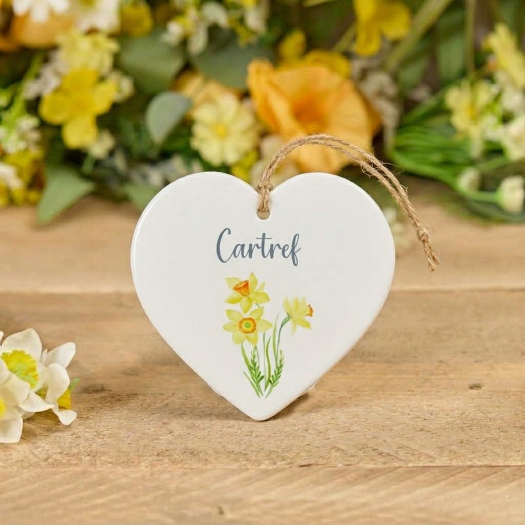 Welsh Cartref Heart Hanger White Ceramic With Daffodils