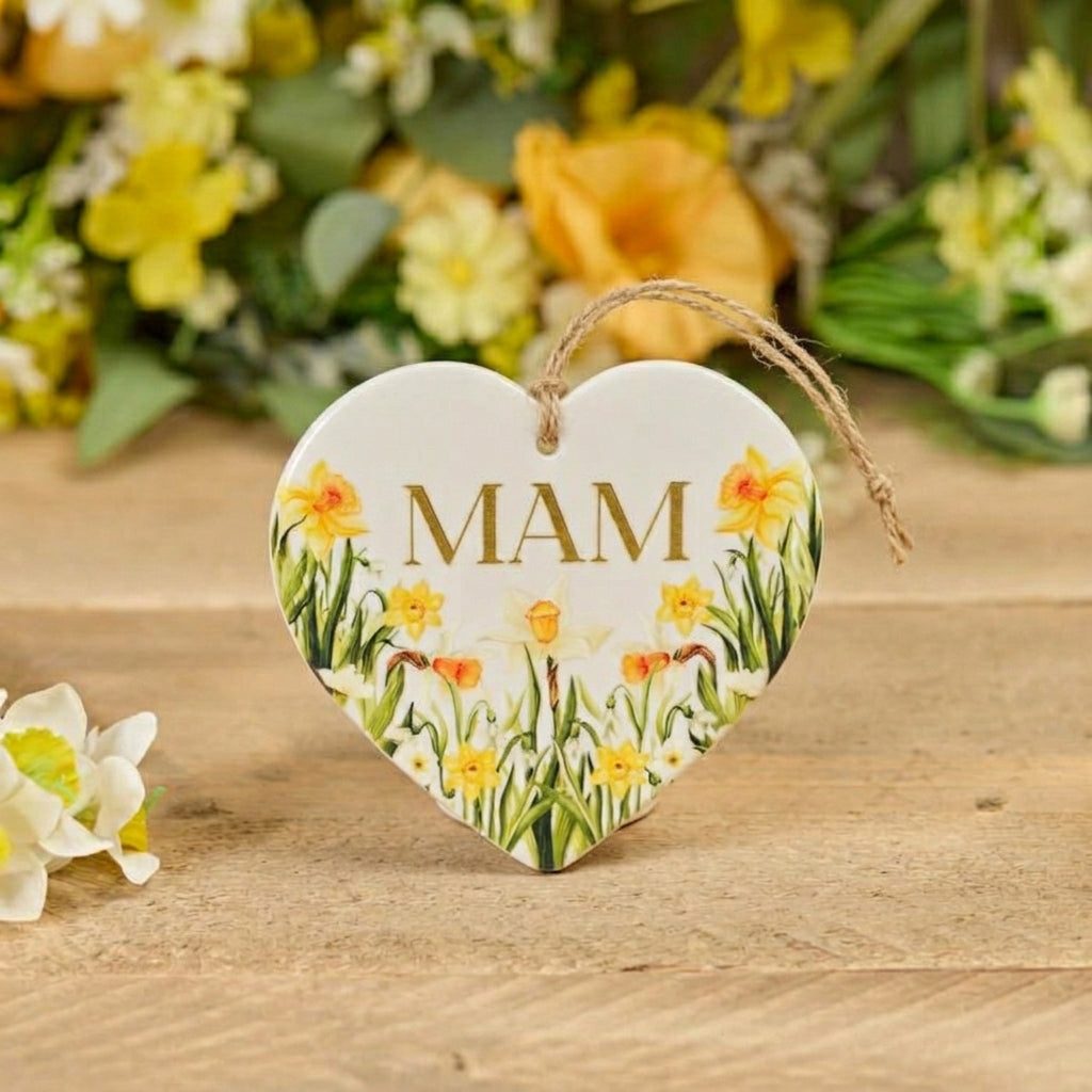 Welsh Daffodil Ceramic 3D Raised Detail With Gold Mam Heart Hanger